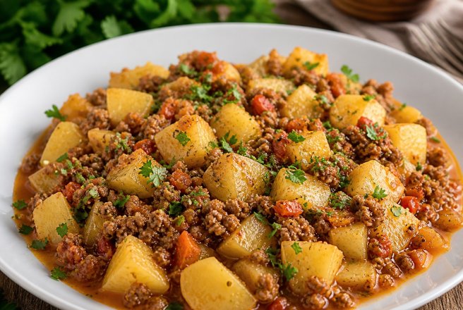 Mancarica de cartofi cu vinete si carne tocata la ceaun