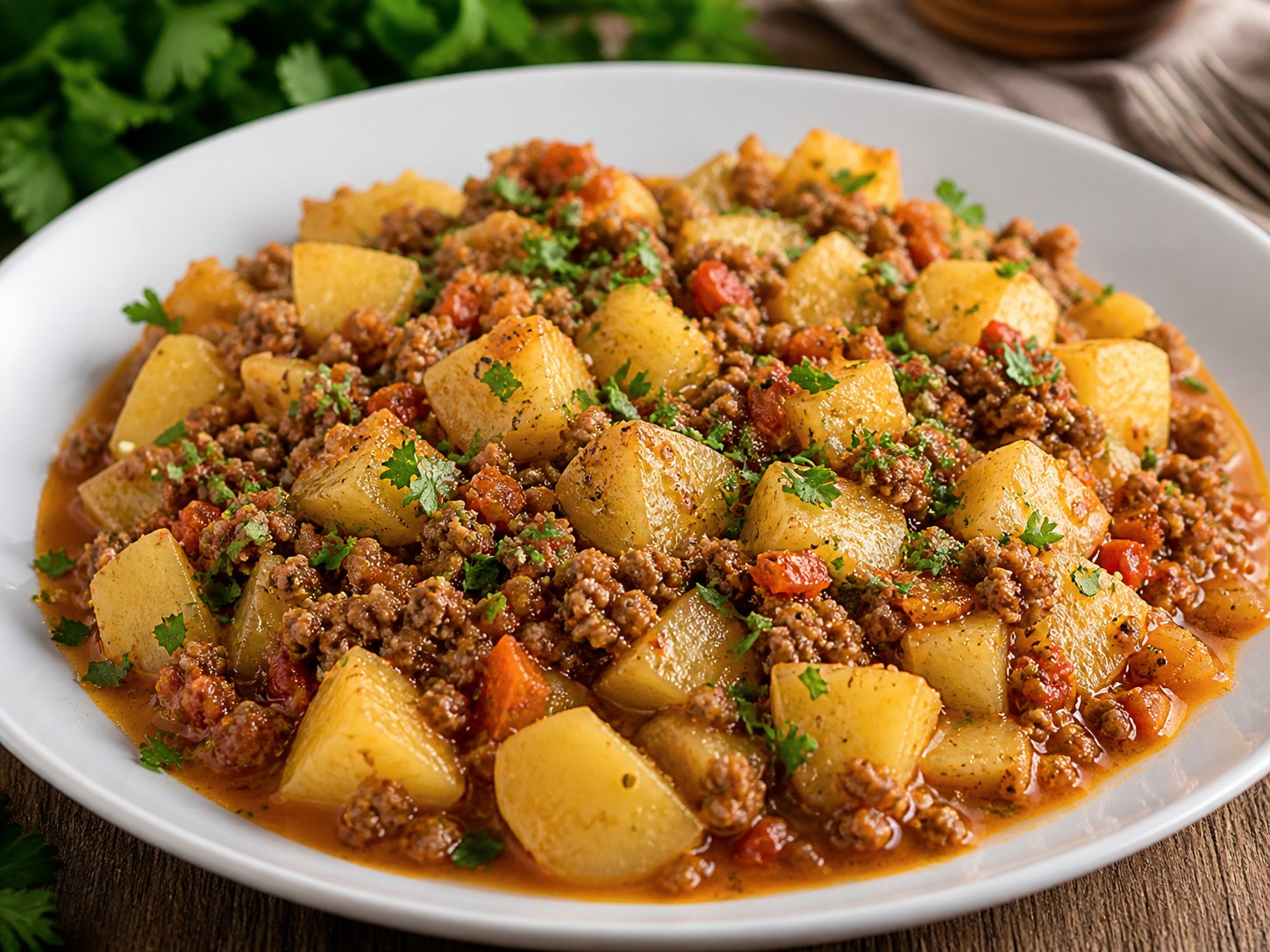 Mancarica de cartofi cu vinete si carne tocata la ceaun