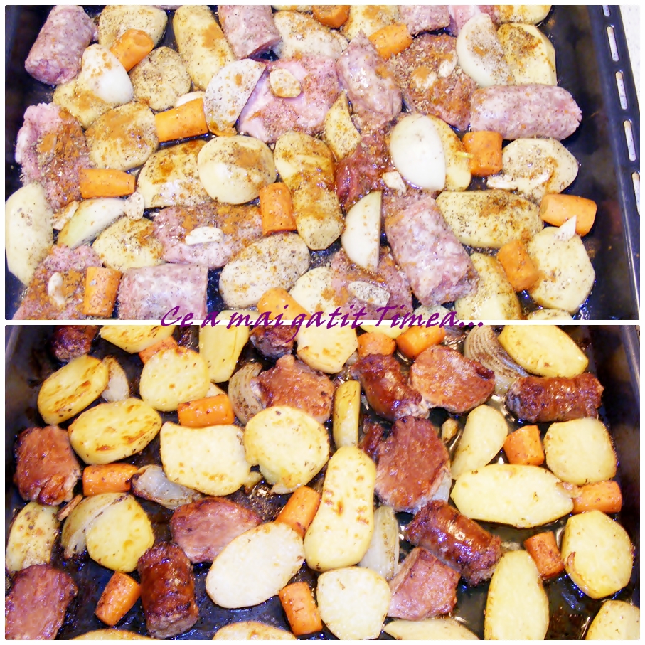 Pulpa de porc si carnati cu legume la cuptor