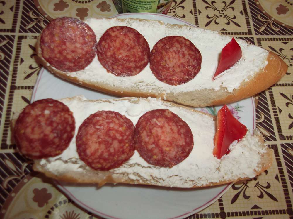 Sandwich barcuta cu salam si ceva fin pufos