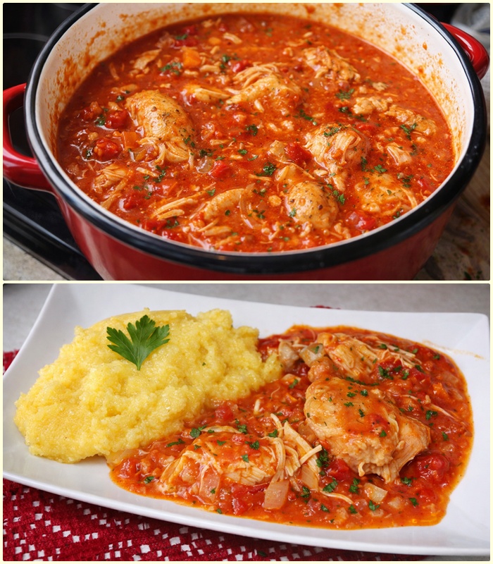 Tocanita de pui cu ceapa, usturoi si mamaliga