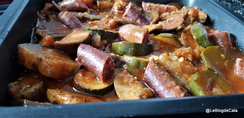 Gratin de vinete, dovlecel si carnat merguez