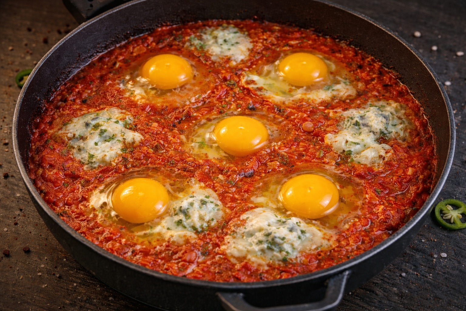 Shakshuka cu gorgonzola și salam chorizo - Rețeta savuroasă și rapidă