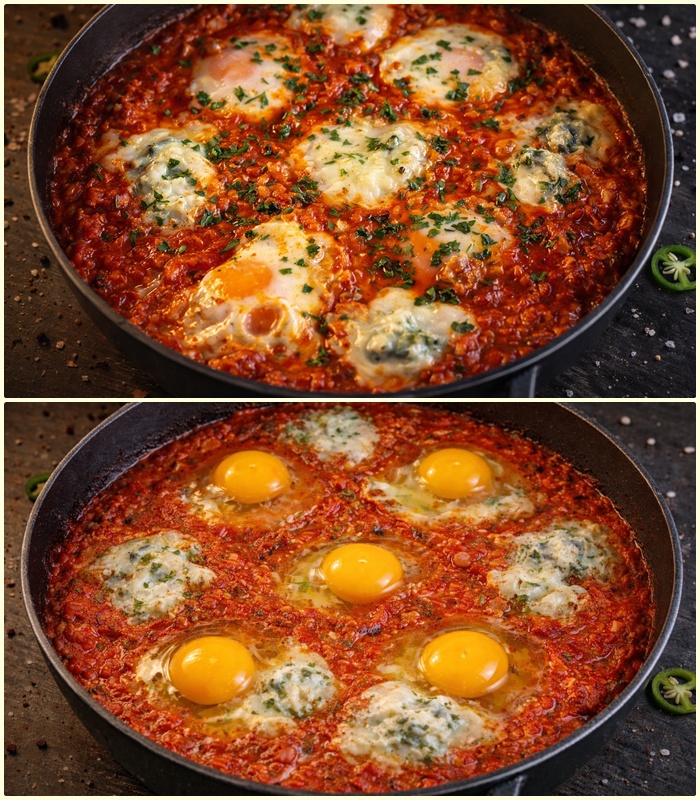 Shakshuka cu gorgonzola și salam chorizo - Rețeta savuroasă și rapidă